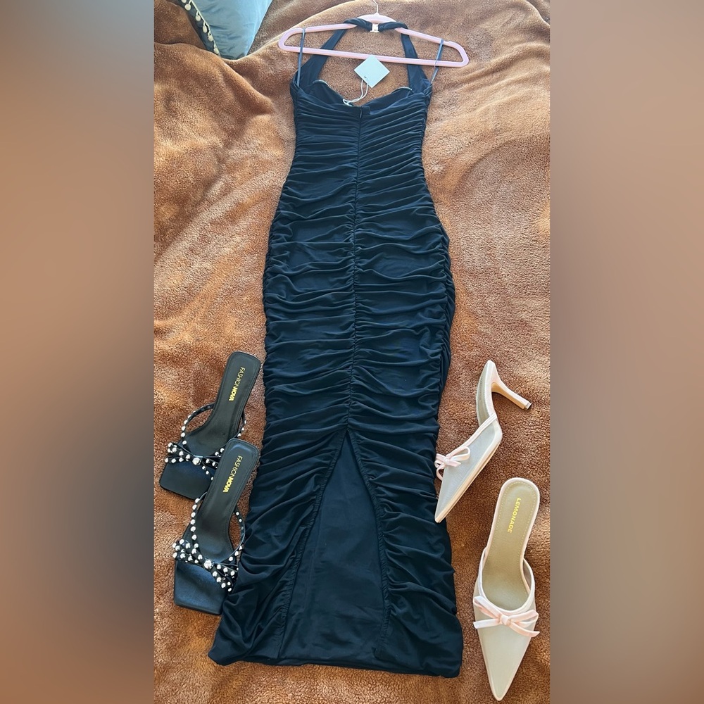 NWT Bow Detail Halter Neck Bodycon Ruched Mesh Maxi Dress - Picture 5 of 11